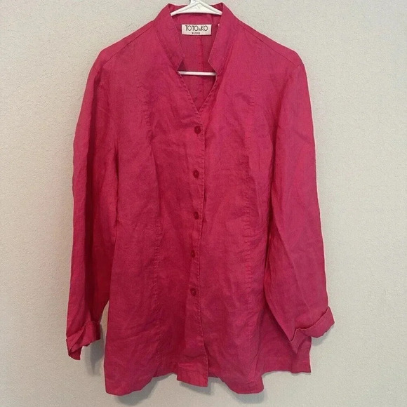 TOTOnKO Womens Size 1X 100% Linen Button Front Blouse Tunic Airy V Neck Hot Pink - Picture 1 of 6